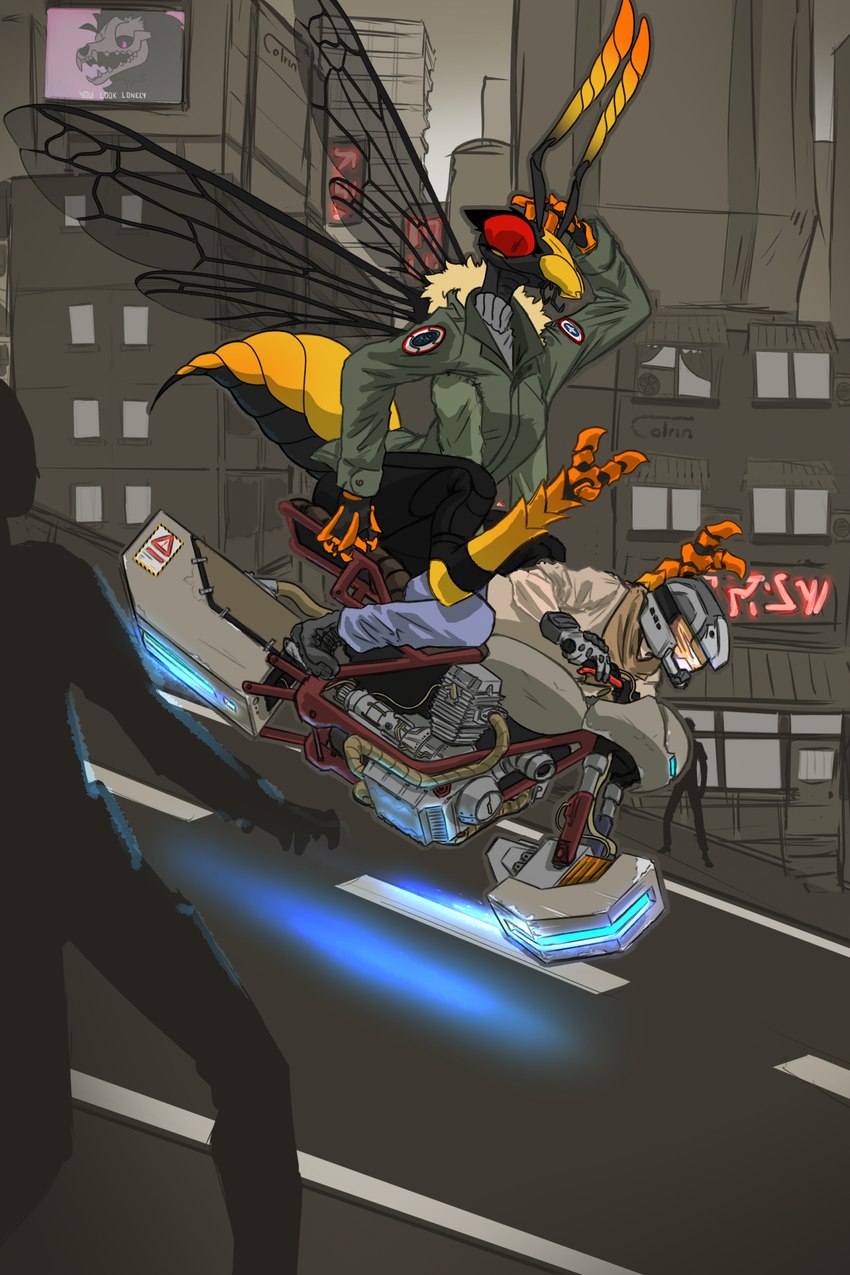 4_arms antennae_(anatomy) anthro armor arthropod_abdomen boots bottomwear bystander city claws clothed clothing crowd detailed_background female footwear fur_collar group headgear helmet hidden_face highlights_(coloring) hoverbike human_on_anthro interspecies jacket larger_anthro larger_female lore male multi_arm multi_limb neon_lights orange_highlights outside pants reckless_driving red_eyes riding_motorcycle scared shirt shoes size_difference smaller_human smaller_male speeding stinger topwear white_body white_skin wings yellow_body yellow_skin colrin_(artist) arris_(colrin) hara_(colrin) arthropod human humanoid hymenopteran insect mammal wasp hi_res