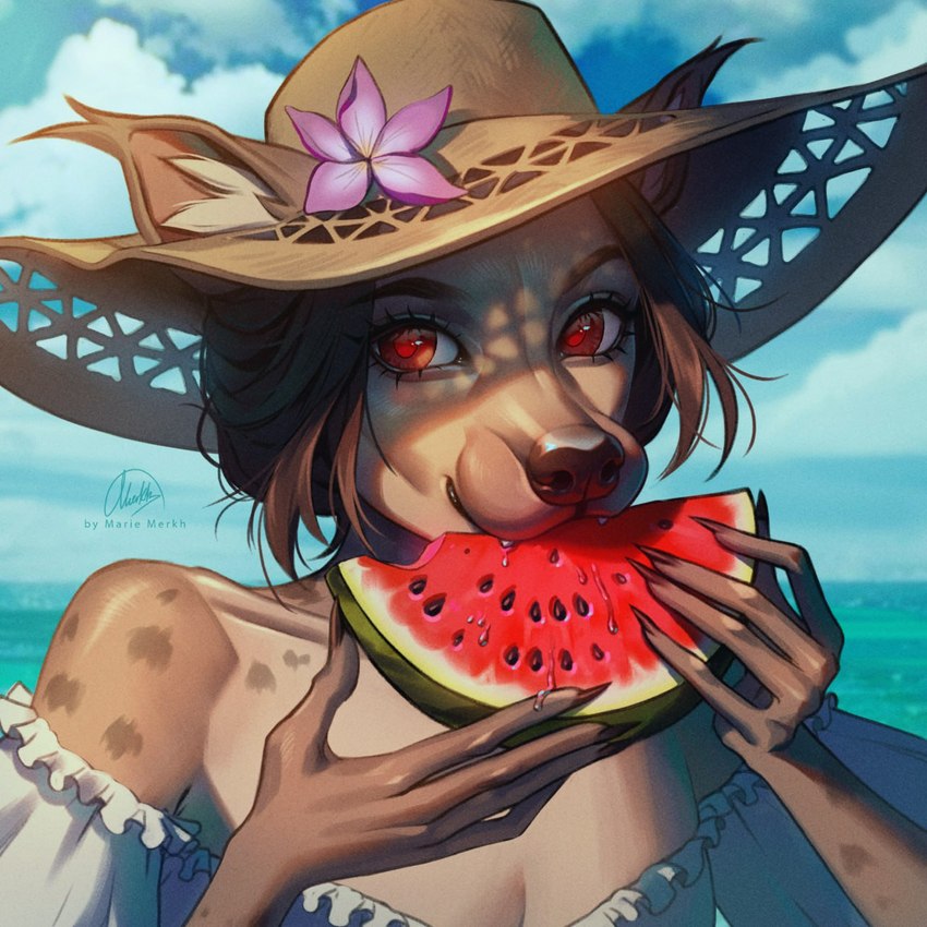 anthro blue_sky brown_hair brown_nose clothed clothing cloud eating eyelashes female food front_view fruit fur glistening glistening_eyes hair hat headgear headwear holding_food holding_fruit holding_melon holding_object melon outside plant red_eyes sky solo tan_body tan_fur tan_hat tan_headwear topwear water white_clothing white_topwear marie_merkh canid mammal 1:1 bust_portrait hi_res portrait