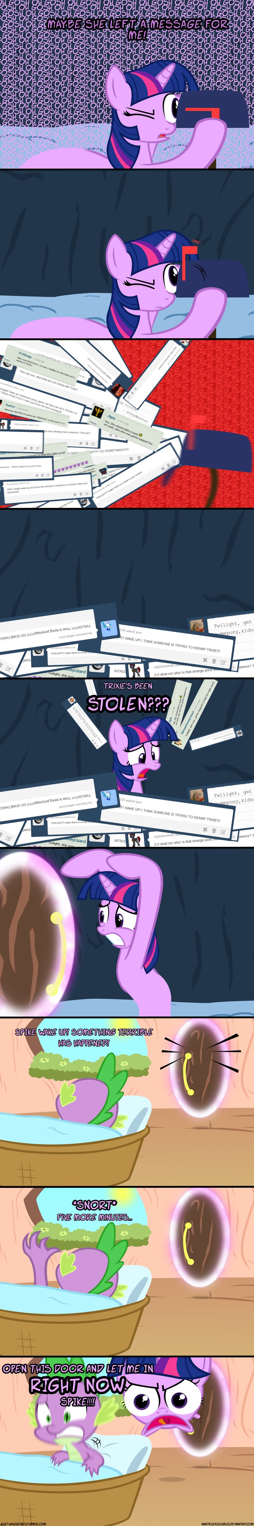 alternate_species breaking_the_fourth_wall comment female fur hair horn mailbox multicolored_hair one_eye_closed portal purple_body purple_eyes purple_fur purple_hair scared sleeping smile text text_background two_tone_hair waking_up yelling navitaserussirus friendship_is_magic hasbro my_little_pony mythology spike_(mlp) twilight_sparkle_(mlp) dragon equid equine genie mammal mythological_creature mythological_equine mythological_scalie scalie unicorn absurd_res comic digital_media_(artwork) hi_res long_image tall_image url