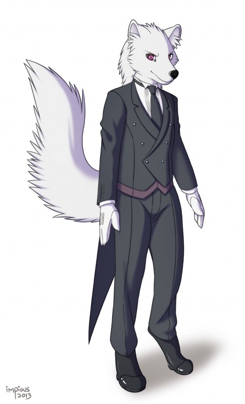 anthro biped black_nose bottomwear clothed clothing coat cosplay digitigrade fluffy fluffy_tail footwear fully_clothed fur furgonomics inner_ear_fluff looking_at_viewer male necktie pants raised_tail shirt shoes simple_background solo standing suit tail tailcoat topwear tuft white_background white_body white_fur impious black_butler sebastian_michaelis zanon_silvus canid canine canis mammal wolf absurd_res hi_res