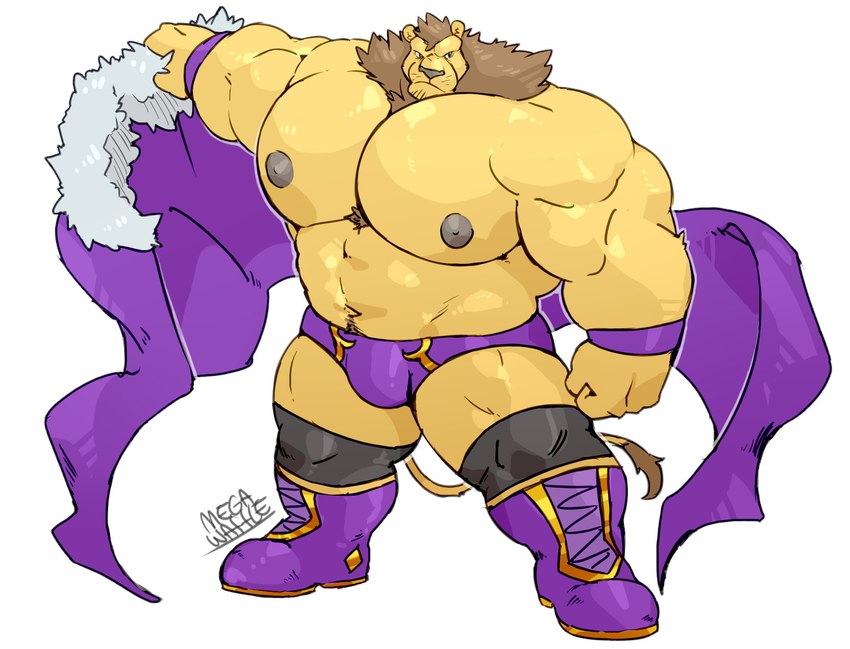 abs anthro areola biceps big_bulge big_muscles biped boots brown_hair bulge cape clothing footwear fur hair huge_muscles king male mane muscular muscular_anthro muscular_male nipples pecs purple_boots purple_cape purple_clothing purple_footwear purple_underwear royalty shoes solo tail underwear yellow_body yellow_fur megawaffle_(artist) duke_(megawaffle) felid lion mammal pantherine 2020 digital_drawing_(artwork) digital_media_(artwork) hi_res