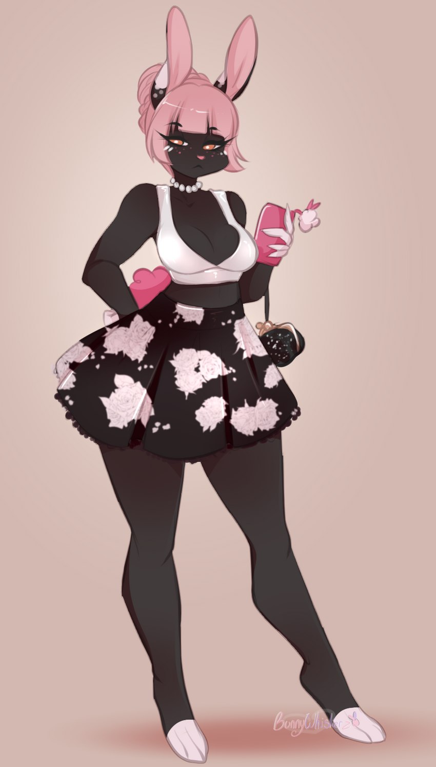 anthro black_body bottomwear breasts clothing electronics female hair holding_object holding_phone phone pink_eyes pink_hair simple_background skirt solo standing bunnywhiskerz bunny_(oc) lagomorph leporid mammal rabbit 2021 digital_media_(artwork) hi_res shaded