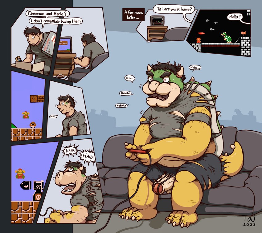 anthro black_hair clothing controller dialogue erection famicom_console furniture game_controller game_screen genitals growth hair horn humanoid_genitalia humanoid_penis laugh living_room male mid_transformation penis shell simple_background slightly_chubby slightly_chubby_anthro snout snout_growth sofa solo species_transformation speech_bubble tail tail_growth tail_growth_in_pants text torn_clothing transformation transformation_sequence transformation_through_technology weight_gain taitora famicom mario_bros nintendo bowser human koopa mammal scalie english_text hi_res