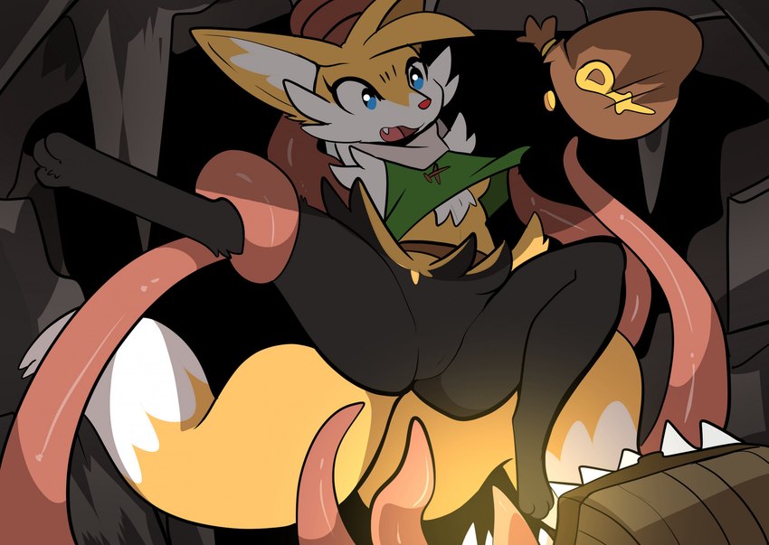 anthro barely_visible_genitalia barely_visible_pussy female genitals imminent_vore money money_bag pussy red_nose solo spread_legs spreading surprise tentacles luuriolu nintendo pokemon adventure_fox_(biosbunny) braixen canid canine generation_6_pokemon hybrid mammal mimic mimic_chest pokemon_(species) hi_res