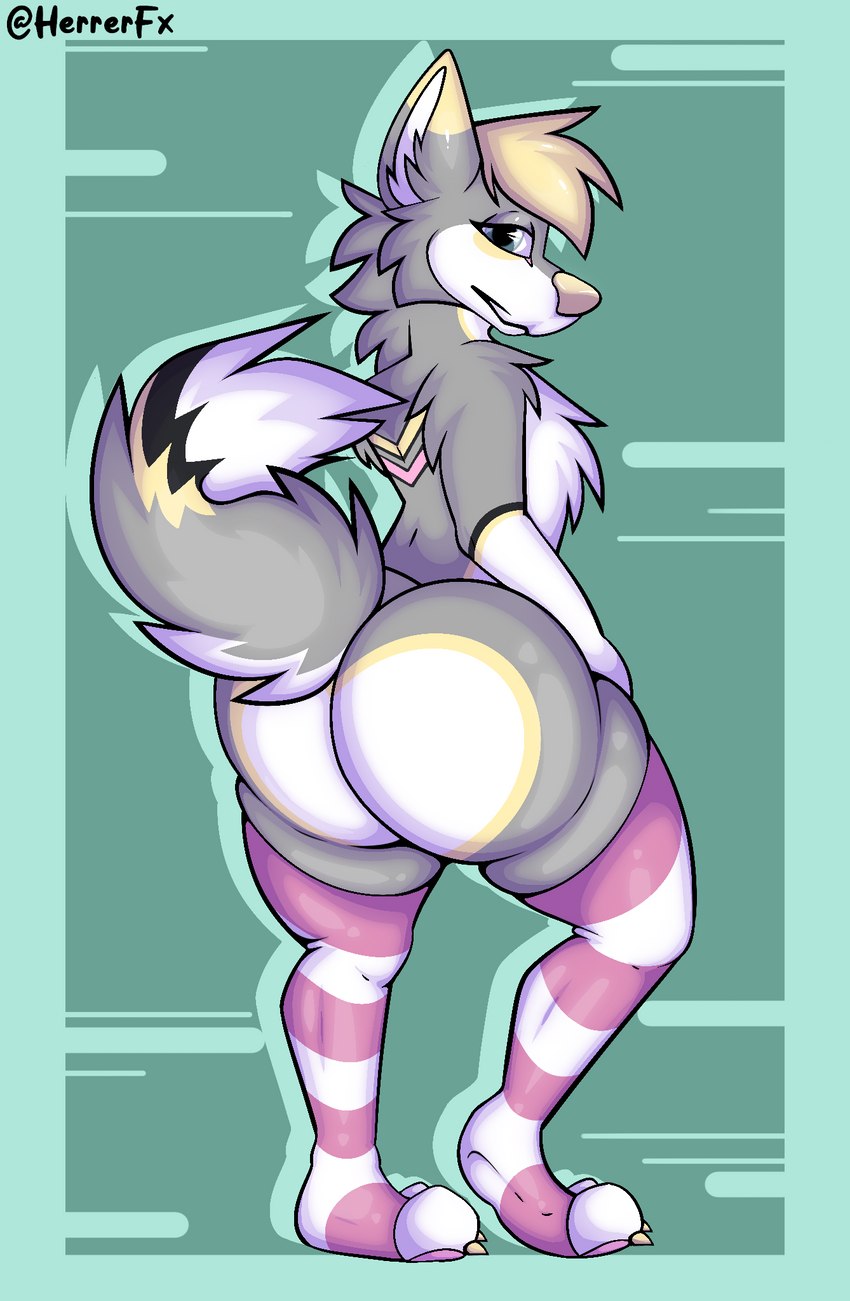 ambiguous_gender anthro big_butt blush butt claws clothing curled_tail legwear male paws solo stockings tail thick_thighs herrerfx canid canine canis domestic_dog humanoid husky mammal nordic_sled_dog spitz hi_res