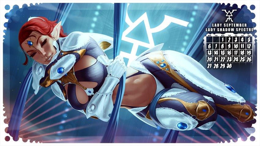 armor big_breasts blue_bodysuit blue_clothing blue_skinsuit bodysuit breasts calendar clothing ear_piercing eyelashes eyes_closed female forehead_gem gem hair humanoid_pointy_ears ineffective_clothing navel piercing pointy_ears red_hair september_(month) skinsuit smile solo tan_body tan_skin text thick_thighs tight_clothing white_armor wide_hips themaestronoob warhammer_(franchise) warhammer_40000 aeldari elf humanoid 16:9 english_text hi_res widescreen