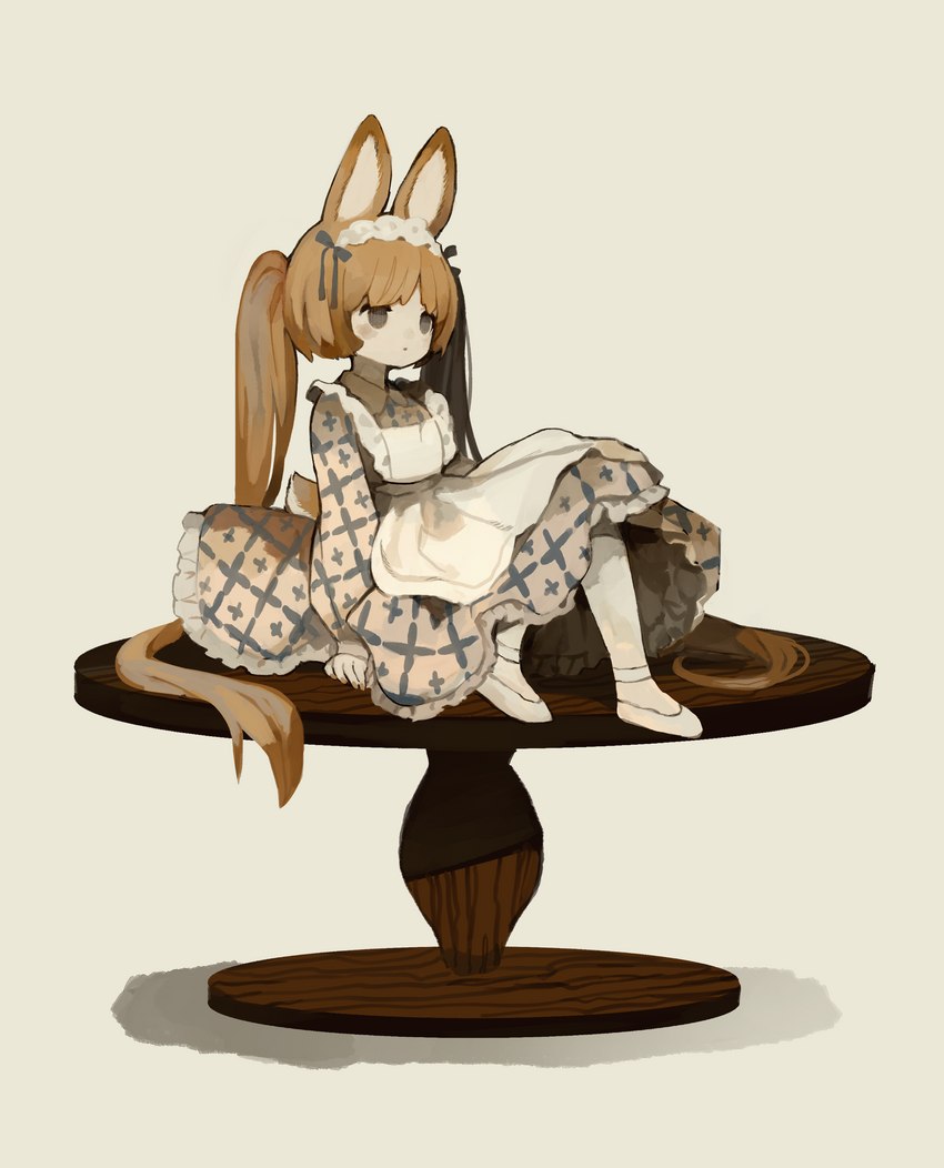 alternative_fashion biped bishop_sleeves black_eyes brown_hair classic_lolita clothed clothing female footwear furniture hair j-fashion lolita_(fashion) maid_headdress maid_uniform on_table shadow shoes simple_background sitting sitting_on_table solo table uniform white_background young young_female young_humanoid sakutake humanoid lagomorph leporid mammal rabbit absurd_res hi_res