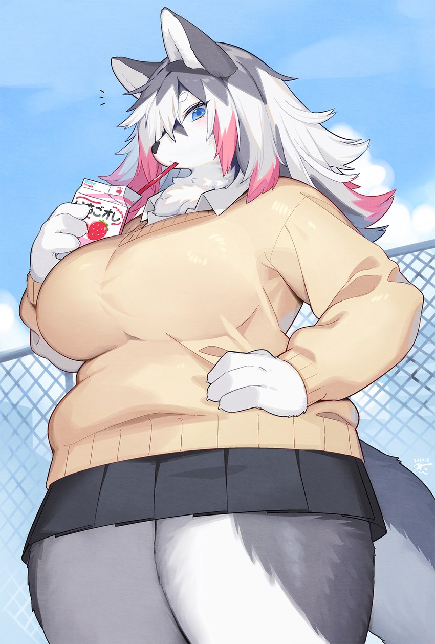 anthro beverage big_breasts bottomwear breasts clothed clothing container drinking_milk female female_anthro fur hair holding_beverage holding_carton holding_object huge_breasts kemono looking_at_viewer milk milk_carton milk_container multicolored_body multicolored_fur multicolored_hair skirt solo sweater thick_thighs topwear wide_hips kishibe husky_(kishibe) canid canine canis domestic_dog husky mammal nordic_sled_dog spitz 2024 digital_media_(artwork) hi_res