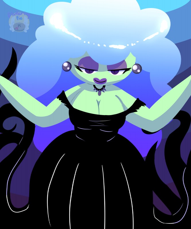 big_breasts blue_eyes breasts cleavage clothed clothing collar cosplay dress ear_piercing female hair half-closed_eyes lipstick looking_at_viewer magic_user makeup narrowed_eyes not_furry piercing simple_background solo spread_arms standing tentacles witch flutteringpie cartoon_network the_amazing_world_of_gumball jackie_wilson humanoid rainbow_lass 2017 5:6 digital_media_(artwork) hi_res signature