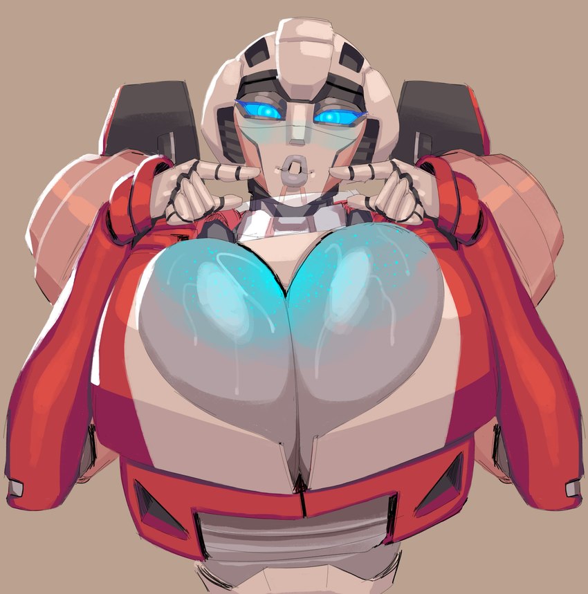 big_breasts bodily_fluids breasts cleavage clothed clothing female gesture glowing glowing_chest glowing_eyes huge_breasts lips machine metal metallic_body solo suggestive suggestive_gesture sweat nezulet hasbro takara_tomy transformers arcee cybertronian humanoid robot 2024 absurd_res half-length_portrait hi_res portrait