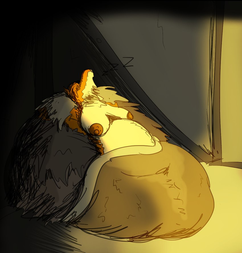 anthro bedroll breasts female fur night nipples pregnant resting sleeping tent vwpologt canid canine fox mammal hi_res