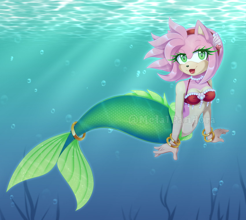 5_fingers accessory air_bubble alternate_species black_nose bracelet breasts eyelashes female fingers fish_tail green_eyes hair hair_accessory hairband jewelry legless lipstick looking_at_viewer makeup mermaid_tail mermaidification navel necklace pink_hair red_lipstick short_hair smile solo split_form tail underwater water metalpandora sega sonic_the_hedgehog_(series) amy_rose eulipotyphlan hedgehog hybrid mammal marine merfolk merhog 2020 digital_media_(artwork) watermark