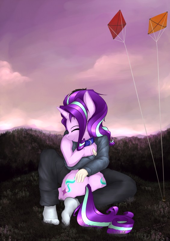 clothed clothing collar cutie_mark duo eyes_closed female feral footwear hair horn hug kite legwear multicolored_hair outside smile socks duop-qoub friendship_is_magic hasbro my_little_pony mythology anon starlight_glimmer_(mlp) equid equine mammal mythological_creature mythological_equine unicorn 2017 absurd_res hi_res