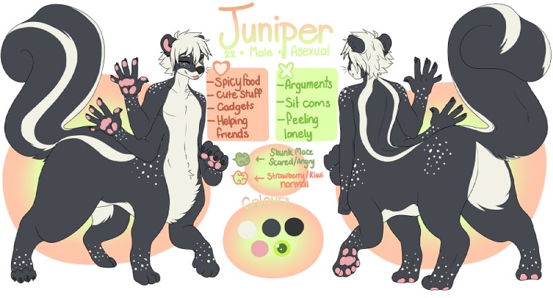 4_arms front_view gesture male multi_arm multi_limb nude pawpads rear_view solo standing text waving reine.du.soleil juniper_skunktaur mammal mammal_taur mephitid mephitid_taur skunk skunk_taur taur 2019 english_text model_sheet