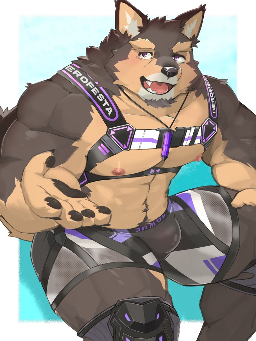 abs anthro bottomwear brown_body brown_fur bulge clothing fur harness jewelry male muscular muscular_anthro muscular_male necklace nipples pawpads pecs purple_eyes shorts smile solo kannepaz lifewonders live_a_hero pubraseer canid canine canis domestic_dog mammal absurd_res hi_res