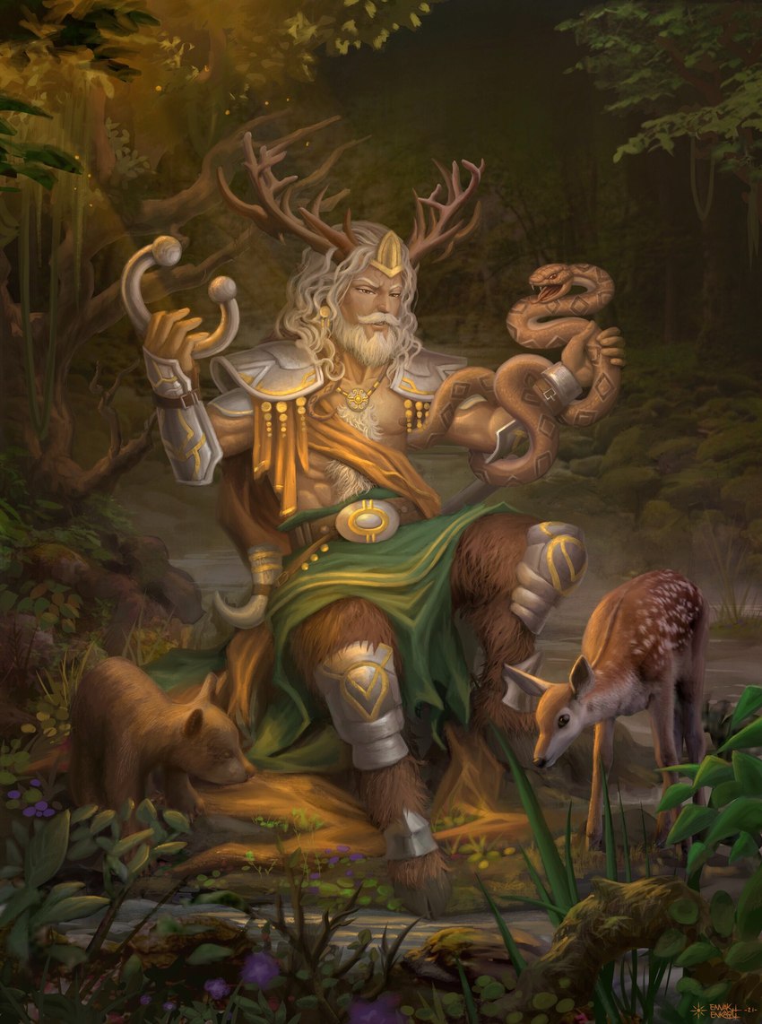 ambiguous_gender antlers armor beard chest_tuft facial_hair feral forest group hooves horn male mature_male mustache nipples plant tree tuft young young_ambiguous young_feral feintbellt celtic_mythology european_mythology mythology cernunnos bear deer deity humanoid mammal reptile scalie snake absurd_res hi_res