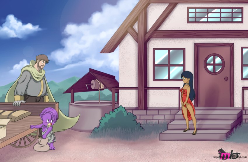 anthro black_hair brown_hair building clothing collar female footwear fountain fur gloves group hair handwear house male male/female outside purple_body purple_fur shoes slave slave_clothing window sugarnhoney disney gummi_bears fiona_gummi_(fan_character) human mammal