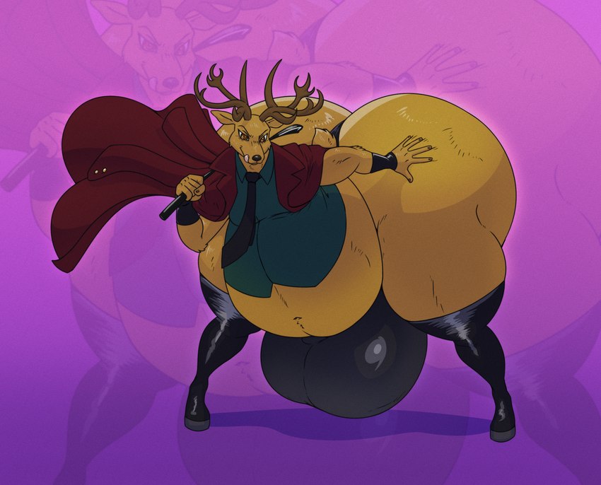 anthro antlers balls belly big_balls big_belly big_butt black_clothing black_leggings black_legwear brown_body brown_fur bulge butt clothing fur genitals hand_on_butt horn huge_balls huge_belly huge_butt hyper hyper_balls hyper_belly hyper_butt hyper_genitalia leggings legwear male obese obese_anthro obese_male overweight overweight_anthro overweight_male solo reagan700 beastars louis_(beastars) cervine deer mammal red_deer 2024 hi_res