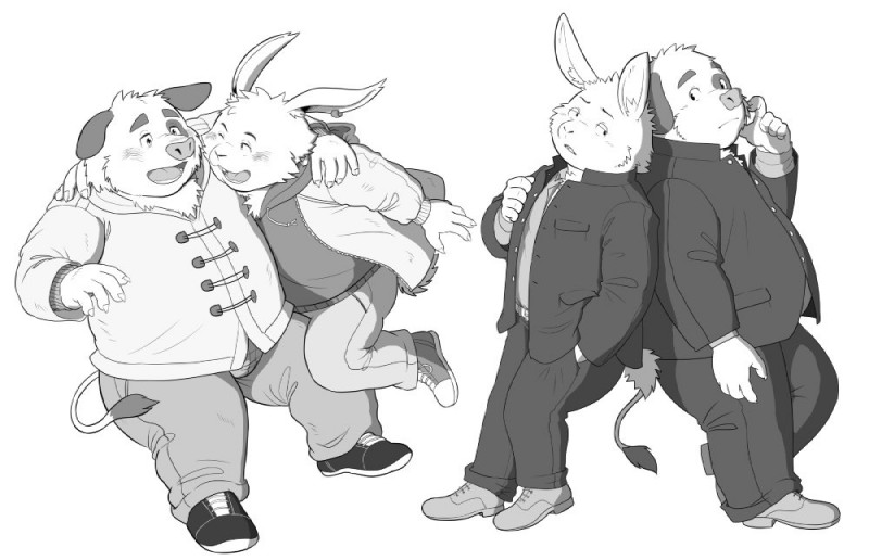 anthro blush bottomwear clothing duo hug humanoid_hands male overweight overweight_male pants simple_background sweater topwear white_background tiger_cub bovid bovine lagomorph leporid mammal rabbit 2017 monochrome