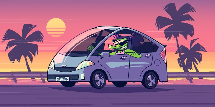 anthro beard body_hair car chest_hair clothed clothing compact_car driving evening eyewear eyewear_on_head facial_hair fur green_body green_fur hair inside_car inside_vehicle male motion_lines motor_vehicle open_window outside palm_tree plant ponytail purple_hair road shirt sky smile solo sun sunglasses sunglasses_on_head sunset synthwave tank_top text toony_car topwear tree vehicle stellizard toyota toyota_prius stel_(stellizard) lizard reptile scalie 2022 hi_res