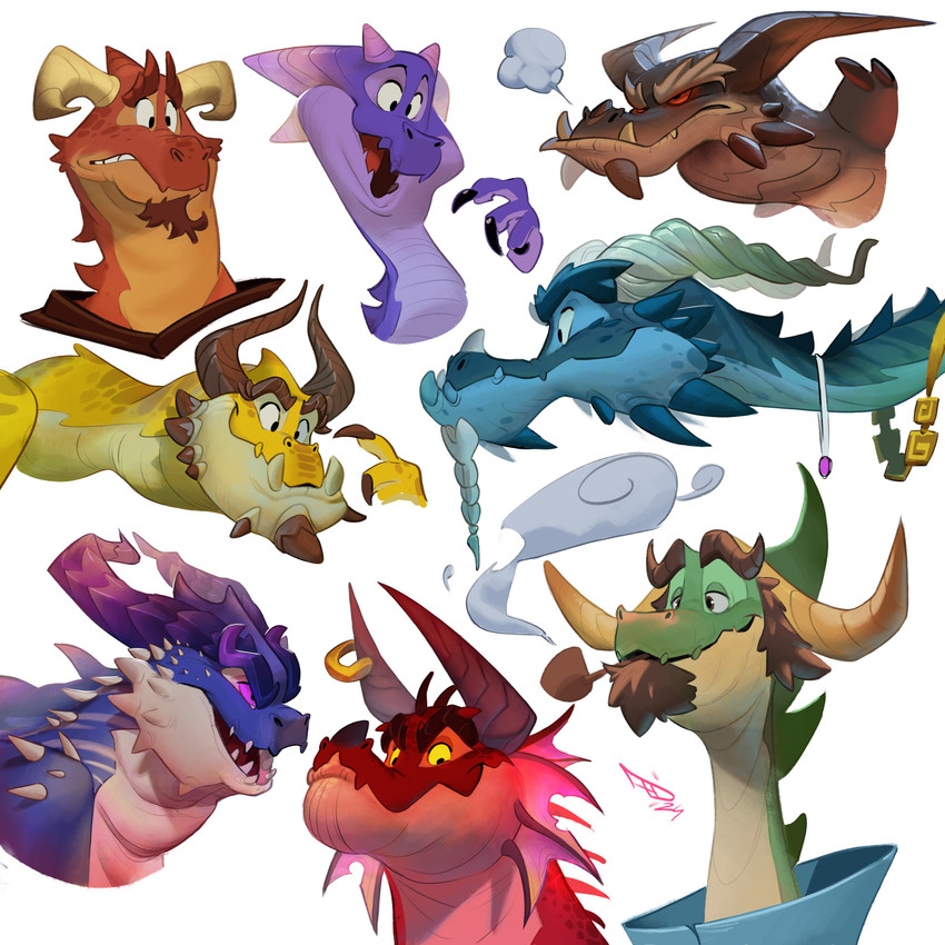 3_fingers 3_horns 6_horns ambiguous_form amethyst_(gem) black_claws black_eyebrows black_horn blue_body blue_clothing blue_horn blue_scales blue_spikes braided_goatee breath_powers brown_claws brown_facial_hair brown_goatee brown_horn brown_spikes cheek_frill cheek_spikes chin_spikes claws closed_smile clothing curved_horn ear_piercing ear_ring elemental_manipulation eyebrows facial_hair facial_horn facial_spikes finger_claws fingers furgonomics furrowed_brow furrowed_eyebrows furry-specific_piercing gem goatee gold_horn_ring grey_eyebrows group happy horn horn_piercing jewelry lidded_eyes light looking_up male mouth_closed multi_horn multicolored_body multicolored_scales necklace nose_horn object_in_mouth open_mouth open_smile orange_body orange_scales piercing purple_body purple_scales purple_sclera red_body red_horn red_scales red_sclera red_spines red_tongue relaxed_expression ring_piercing scales sharp_teeth short_horn side_view simple_background small_horn smile smoke smoking_pipe smoking_pipe_in_mouth solo spikes spikes_(anatomy) tan_body tan_horn tan_scales teeth thick_eyebrows thick_neck thin_eyebrows tongue unimpressed white_background worried_look yellow_body yellow_scales yellow_sclera federico_maria_cugliari european_mythology mythology bernard_(federico_maria_cugliari) gilberto_(federico_maria_cugliari) dragon mythological_creature mythological_scalie scalie western_dragon 1:1 2024 absurd_res adobe_photoshop_(artwork) colored digital_drawing_(artwork) digital_media_(artwork) english_description hi_res lighting shaded signature
