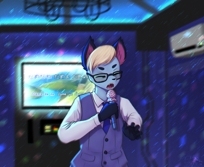 air_conditioner anthro arms_bent clothing electronics eyewear glasses inside karaoke male microphone screen singing soft_focus solo suit television yelling orang111 animal_crossing baka_mitai nintendo yakuza_(series) raymond_(animal_crossing) domestic_cat felid feline felis mammal chromatic_aberration hi_res