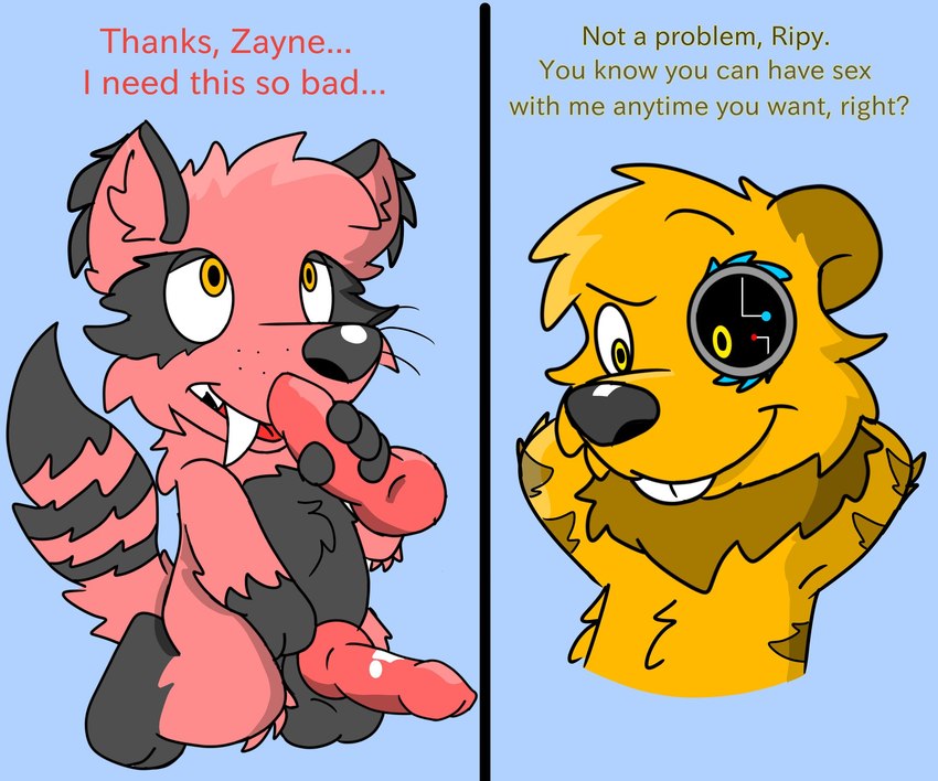 anthro black_paws cybernetic_eye cybernetics dialogue duo fur genitals imminent_sex knot machine male male/male penis red_body red_fur text yellow_eyes reznoo ripy_(reznoo) zayne_(reznoo) ailurid beaver hybrid mammal procyonid raccoon red_panda rodent 6:5 english_text hi_res