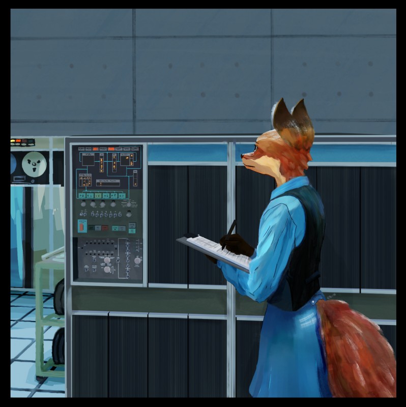 anthro black_border border bottomwear clipboard clothed clothing computer dual_holding electronics female holding_clipboard holding_object holding_pen holding_writing_utensil pen skirt solo standing topwear vest writing_utensil monoxromatik ibm canid canine fox mammal hi_res