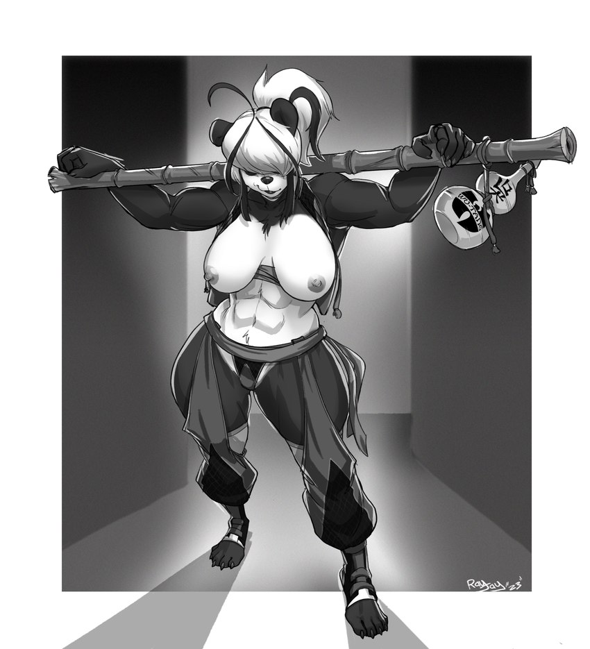 5_fingers 5_toes abs ahoge anthro areola bamboo bamboo_stick biceps big_breasts bottomwear breasts claws clothed clothing feet female finger_claws fingers footwear gourd gourd_bottle hair hair_over_eyes jacket logo melee_weapon muscular muscular_female navel pants polearm ponytail solo standing thick_thighs toe_claws toeless_footwear toes topless topwear weapon wide_hips rayjay wu-tang_clan wu_li-hua_(pltnm06ghost) bear giant_panda mammal 2023 absurd_res greyscale hi_res monochrome signature