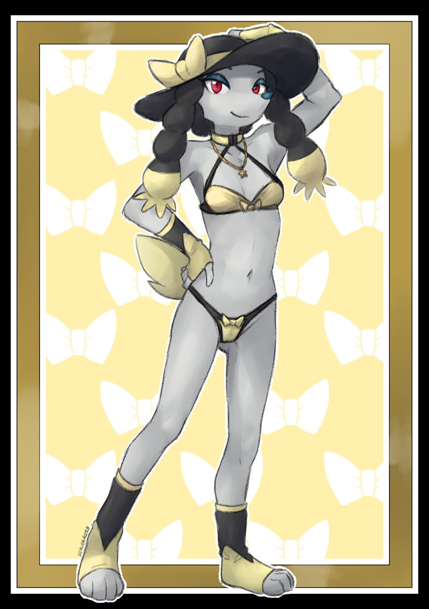 4_toes anthro anthrofied biped black_hair bra breasts clothed clothed_anthro clothed_female clothing feet female fingers front_view fur grey_body grey_fur hair hand_on_head hand_on_hip hand_on_own_head hand_on_own_hip hat headgear headwear looking_at_viewer navel panties pokemorph red_eyes simple_background small_breasts smile solo standing tail toes underwear underwear_only yellow_tail sealer4258 nintendo pokemon nicolette_(myokehn) debutante_trim_furfrou furfrou generation_6_pokemon pokemon_(species) shiny_pokemon 2025 absurd_res digital_media_(artwork) hi_res