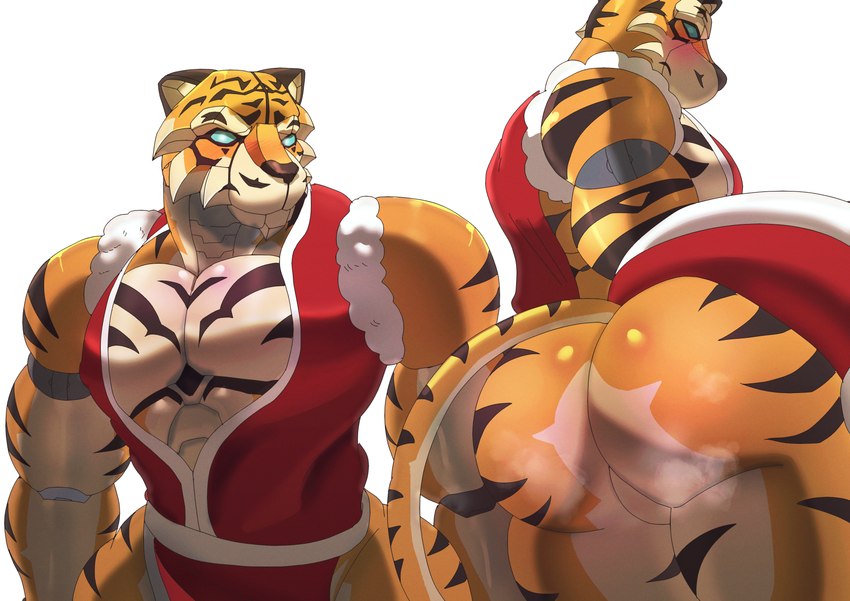 anthro butt clothed clothing countershading looking_at_viewer machine male muscular muscular_male solo goldlightyou blizzard_entertainment fatal_fury overwatch the_king_of_fighters bob_(overwatch) mai_shiranui felid mammal omnic pantherine robot tiger absurd_res digital_media_(artwork) hi_res