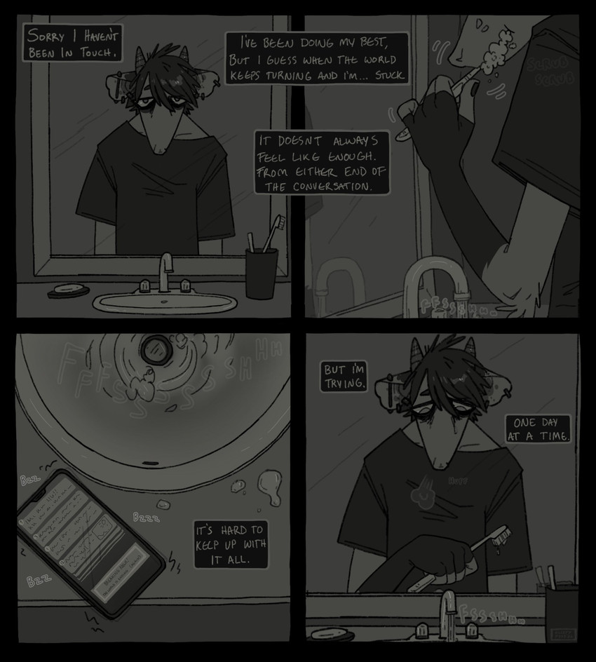 4_panel_comic ambiguous_gender anthro arm_tuft black_border border breath brush brushing brushing_teeth cellphone clothing curved_horn ear_piercing ear_ring elbow_tuft electronics half-closed_eyes horn narrowed_eyes phone piercing ring_piercing shirt sink smartphone solo sound_effects t-shirt text toothbrush toothpaste topwear tuft vent sleepy_poss american_opossum mammal marsupial virginia_opossum english_text hi_res monochrome nonbinary_(lore)