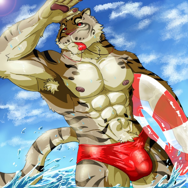 abs anthro areola armpit_hair barazoku biceps body_hair bulge clothing fur lifeguard male manly muscular muscular_anthro muscular_male navel nipples outside pawpads paws pecs red_eyes solo speedo standing sun swimwear thick_thighs triceps water wet whistle_(object) weedwolf felid mammal pantherine tiger 1:1 hi_res