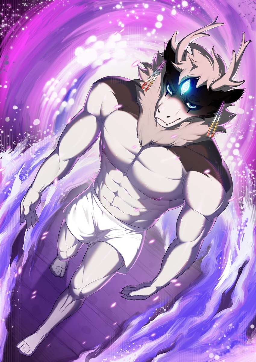 abs anthro athletic athletic_anthro athletic_male blue_eyes bottomwear boxers_(clothing) bulge claws clothed clothing ear_piercing ear_ring fire floor grey_hair grey_horn grey_mane hair horn looking_up male mane neck_tuft nipples partially_clothed pecs piercing pink_nipples plantigrade purple_background ring_piercing serious serious_business serious_face shorts simple_background solo topless topless_anthro topless_male tuft underwear walking white_body white_bottomwear white_claws white_clothing white_shorts wood wood_floor tu_tu_(artist) dandadan fei_ren_zai_(non_human) mythology ao_lie dragon eastern_dragon mythological_creature mythological_scalie scalie absurd_res hi_res