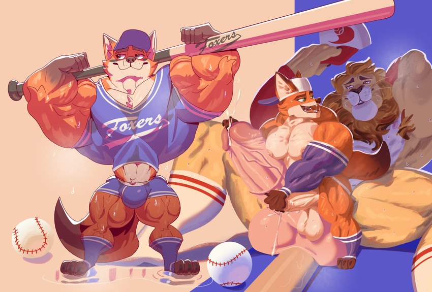 anthro armpit_hair backwards_baseball_cap backwards_hat ball balls barazoku baseball_(ball) baseball_bat baseball_cap baseball_uniform bat_(object) big_balls big_bulge big_muscles big_penis blue_clothing bodily_fluids body_hair brown_body brown_fur bulge clothing cum duo ejaculation fluffy fluffy_tail footwear fur genital_fluids genitals geometric_background hair handjob hat headgear headwear huge_muscles humanoid_genitalia humanoid_penis jockstrap larger_anthro larger_male long_socks male male/male mane mane_hair masturbation muscular muscular_anthro muscular_male musk orange_body orange_fur penile penis penis_size_difference red_clothing sex short_stack simple_background size_difference smaller_anthro smaller_male smile smiling_at_another smiling_at_each_other smiling_at_partner socks sportswear sweat sweatdrop tail tan_body tan_fur text text_on_clothing text_on_object underwear uniform white_body white_clothing white_fur vaniwall disney zootopia leodore_lionheart nick_wilde canid canine felid fox lion mammal pantherine absurd_res english_text hi_res