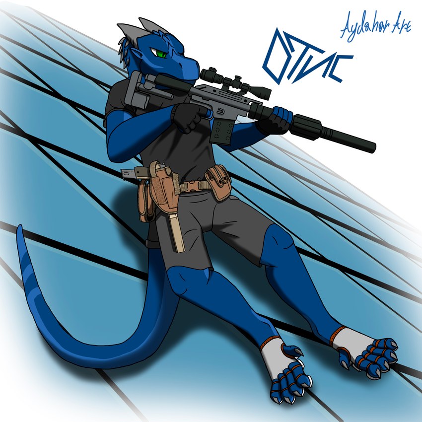 anthro blue_body claws clothing gloves green_eyes gun handgun handwear horn long_tail male pistol ranged_weapon rifle shirt solo t-shirt tail topwear weapon aydaharart mythology otis(aydaharart) dragon mythological_creature mythological_scalie scalie 1:1 absurd_res hi_res