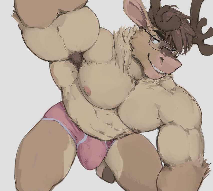 abs anthro antlers armpit_hair big_muscles body_hair brown_hair bulge clothed clothing eyewear fur glasses hair horn male mostly_nude muscular muscular_anthro muscular_male pecs smile solo tan_body tan_fur underwear underwear_only goblinad raiz deer mammal new_world_deer reindeer hi_res