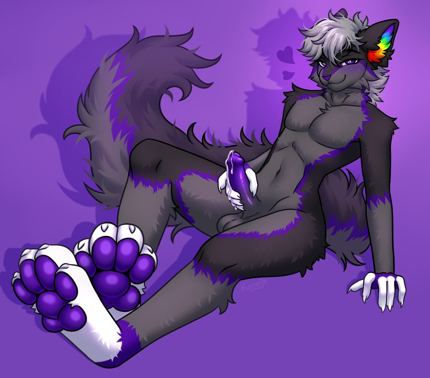 anthro balls bedroom_eyes big_feet blush bodily_fluids colored_cum cum feet fluffy fluffy_tail foot_focus genital_fluids genitals grey_body heart_symbol humanoid_genitalia leaking_precum leaning leaning_backward looking_at_viewer male narrowed_eyes pawpads penis penis_grab precum purple_blush purple_cum purple_eyes purple_pawpads purple_penis seductive simple_background solo tail unusual_bodily_fluids unusual_cum unusual_genital_fluids konejo fruit_(fruit-wolf) canid canine canis mammal wolf absurd_res hi_res