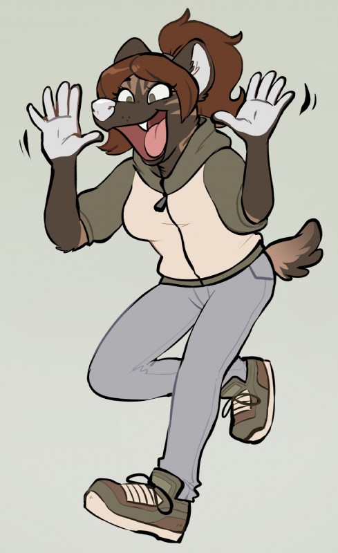 anthro biped bottomwear brown_body brown_fur brown_hair clothed clothing female footwear fur hair happy hoodie jazz_hands one_leg_up open_mouth pants raised_leg shoes simple_background smile solo teeth tongue topwear ricket zoya_(monstercatpbb) hyena mammal spotted_hyena 2016 digital_media_(artwork) hi_res meme