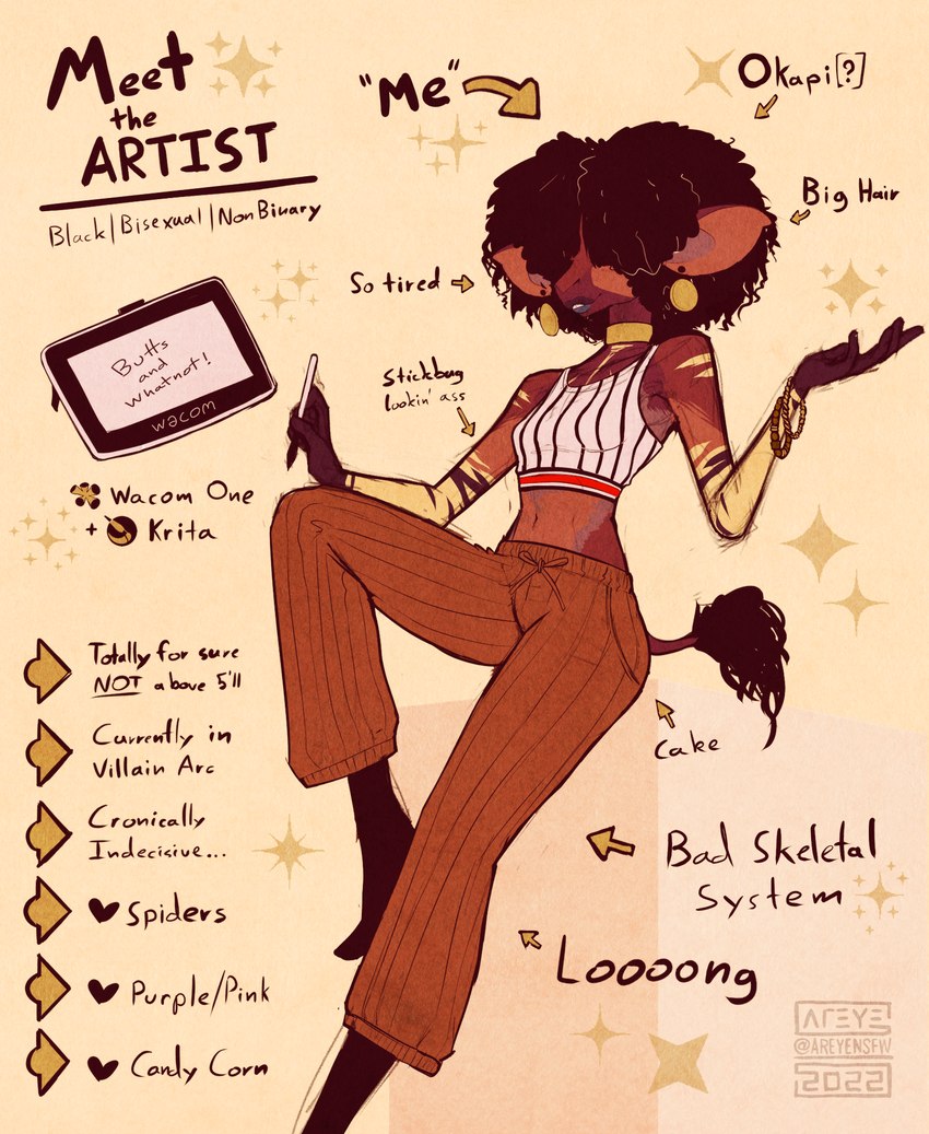 abstract_background afro anthro arrow_sign bare_shoulders bottomwear bracelet breasts brown_body brown_fur butt choker clothing drawing_stylus drawing_tablet ear_piercing ear_ring electronics ellipsis female fur gloves_(marking) gold_(metal) gold_jewelry hair hair_over_eyes heart_symbol holding_stylus jewelry lips long_legs markings midriff navel necklace pants pattern_clothing pattern_shirt pattern_topwear piercing question_mark raised_leg ring_piercing shirt simple_background slim small_breasts smile solo star striped_clothing striped_markings striped_shirt striped_topwear stripes tail tail_tuft tan_background tank_top text thick_lips topwear tuft wide_hips areye_(artist) krita_(copyright) wacom lo-lo_(areye) giraffid mammal okapi 2022 artist_name digital_media_(artwork) english_text hi_res krita_(artwork) model_sheet watermark intersex_(lore) nonbinary_(lore)