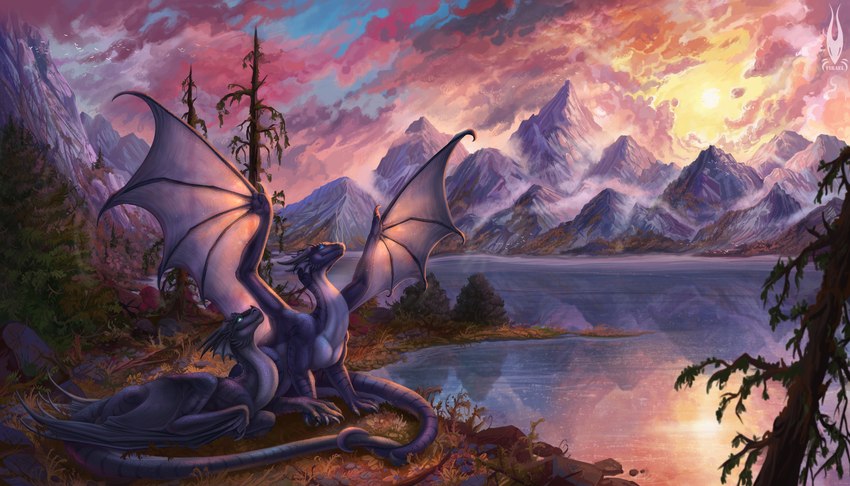 ambiguous_gender black_body black_scales cloud detailed_background duo feral flower grass lake membrane_(anatomy) membranous_wings mountain plant scales sunset tree white_body white_scales wings firael mythology dragon mythological_creature mythological_scalie scalie absurd_res hi_res huge_filesize