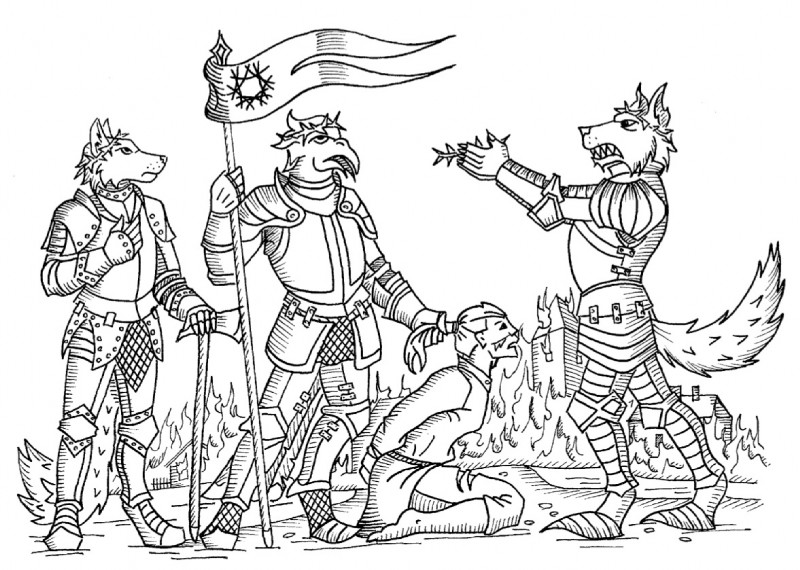 anthro armor axe banderole fire flag flag_(object) folx fur group hair head_wreath long_hair magic male medieval medieval_style melee_weapon polearm spear sword tail thorn_crown village weapon atinka8 mythology canid canine canis dragon lizard mammal mythological_creature mythological_scalie reptile scalie wolf monochrome