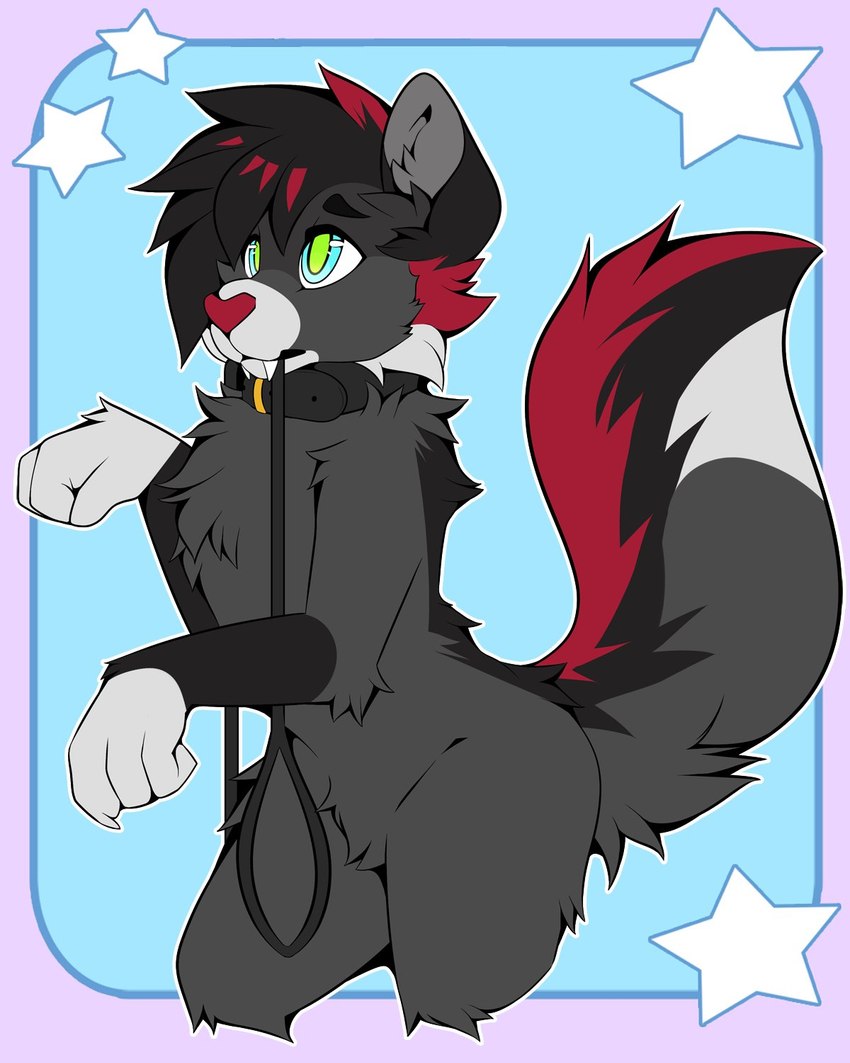 anthro black_body black_fur collar cute_pose fluffy fluffy_tail fur green_eyes kneeling leash leash_in_mouth male object_in_mouth red_body red_fur solo tail lordfartsquat trameel_giovanni domestic_cat felid feline felis mammal 4:5 hi_res