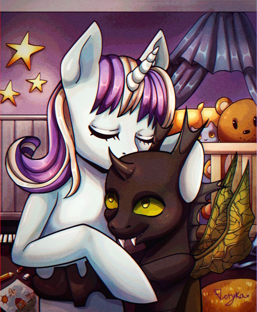 alternate_universe black_body crib drawing drawing_(object) duo eyes_closed fanfiction female feral hair hole_(anatomy) horn hug inside male multicolored_hair plushie quadruped white_body yellow_sclera floryka friendship_is_magic hasbro my_little_pony mythology twilight_velvet_(mlp) arthropod changeling equid equine horse mammal mythological_creature mythological_equine pony unicorn cover_art hi_res adopted_(lore) adopted_son_(lore)