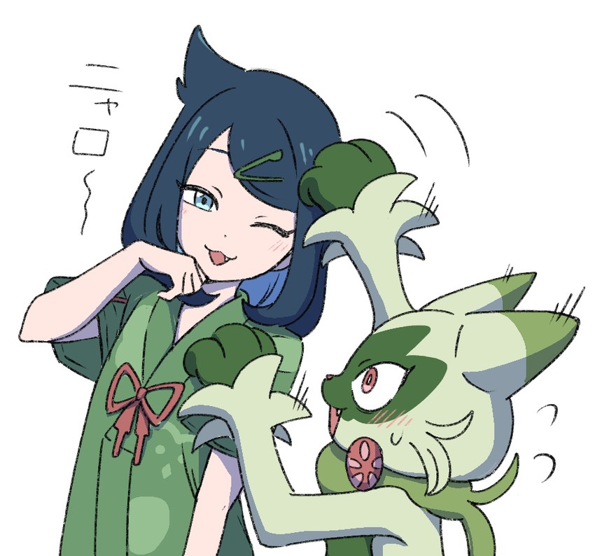 accessory blush body_swap clothed clothing cute_fangs duo fangs female feral fur green_body green_fur hair hair_accessory hairclip kemono long_hair navy_hair one_eye_closed open_mouth personal_grooming red_eyes sharp_teeth simple_background synchro_machine teeth text white_background kanno0v0 nintendo pokemon liko_(pokemon) felid feline floragato generation_9_pokemon human mammal pokemon_(species) japanese_text