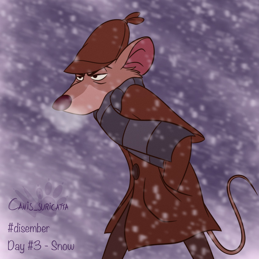anthro breath clothed clothing coat detective_hat fur half-closed_eyes hand_in_pocket hat headgear headwear male mouse_tail narrowed_eyes pockets scarf snow snowing solo tail text topwear atimon disney the_great_mouse_detective basil_(disney) mammal mouse murid murine rodent 1:1 2023 signature