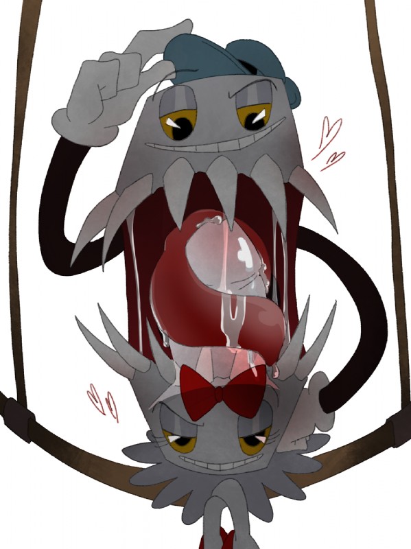 bodily_fluids bow_(feature) bow_tie clothing fellatio female genitals gloves handwear hat headgear headwear heart_symbol male not_furry oral penile penis saliva sex sharp_teeth smile teeth translucent translucent_penis yellow_eyes omnia-volo cuphead_(game) pip_and_dot_(cuphead) animate_inanimate hi_res