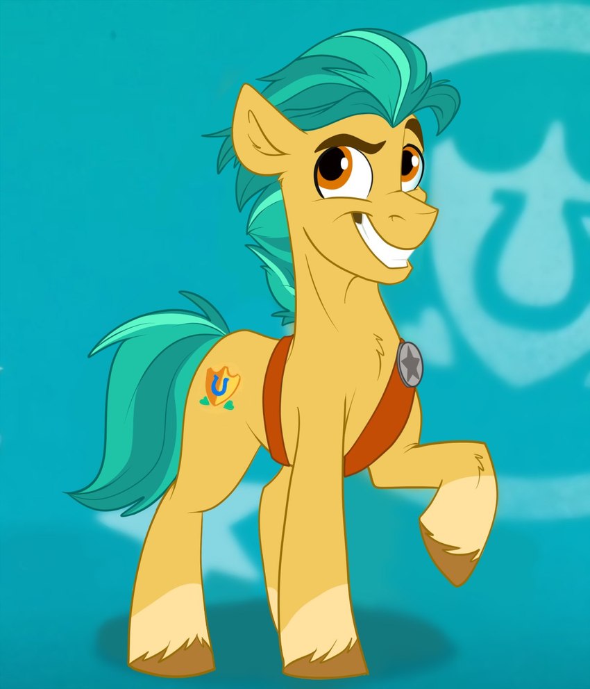 cutie_mark eyebrows feral fur grin hooves male orange_eyes raised_eyebrow raised_hoof smile solo tuft yellow_body yellow_fur rutkotka hasbro mlp_g5 my_little_pony my_little_pony:_tell_your_tale hitch_trailblazer_(mlp) earth_pony equid equine horse mammal pony hi_res