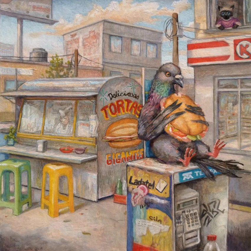 billboard biped building clothed clothing convenience_store day detailed_background eating eating_food electronics feral food group looking_down outside payphone phone sandwich_(food) sitting sky store storefront text town trio urban vendor vendor_stand joaquincarre circle_k avian bird columbid domestic_cat felid feline felis mammal pigeon 1:1 2023 gouache_(artwork) hi_res painting_(artwork) shaded spanish_text traditional_media_(artwork)