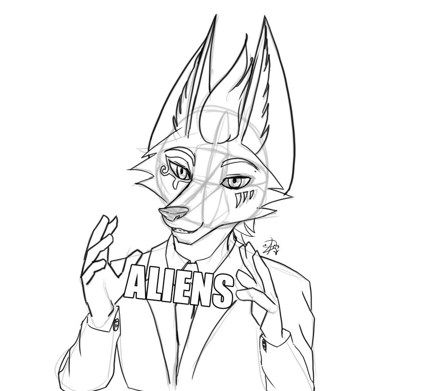 anthro male shitpost solo suit_jacket thed4rk1ord egyptian_mythology middle_eastern_mythology mythology anubis alien anubian_jackal canid canine canis deity jackal mammal hi_res meme monochrome